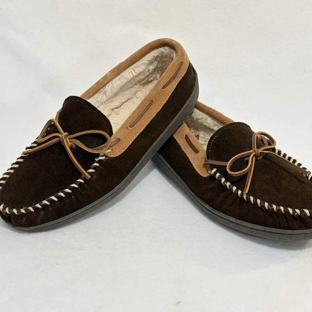 Minnetonka Slippers Mens 9 Pile Lined Hardsole Brown Leather Comfort House Shoes